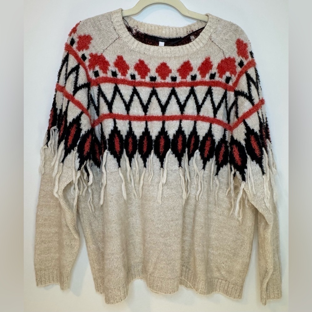Kensie Dune Combo Beige Southwestern Fringe Chucky Sweater Women's Size XL
